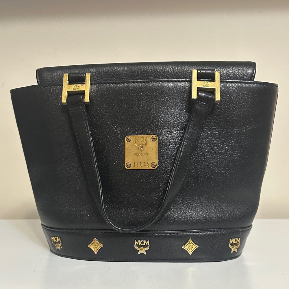 MCM Black Leather Shoulder Bag with Gold Hardware